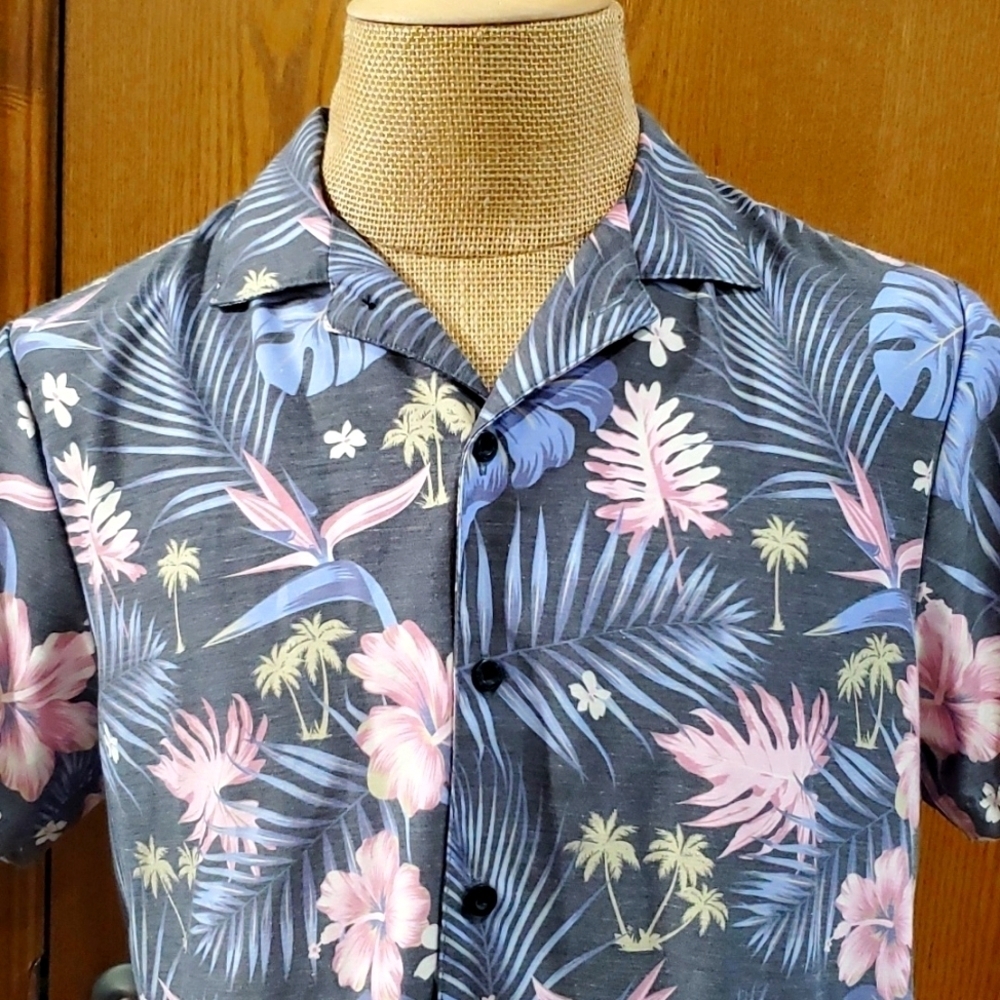 Neff summer tropical floral print pink purple on grey short sleeve
